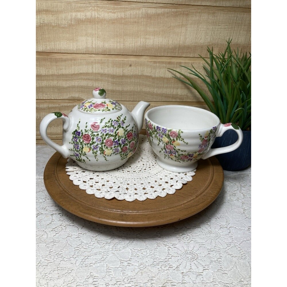 Floral Teapot  & Teacup Set Hand Painted Cottage Shabby Chic Ceramic Cottagecore